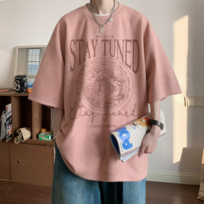 Chaoshifang muški T-shirt od umjetnog velura, kratkih rukava, geometrijski uzorak, slobodan kroj, okrugli izrez, ljeto 2025, poliester