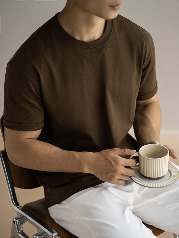 Ανδρικό βαμβακερό κοντομανικο T‑shirt, βαρέως τύπου 260 g, διπλής ύφανσης, vintage αμερικανικό στυλ, φαρδιά γραμμή, μονόχρωμο