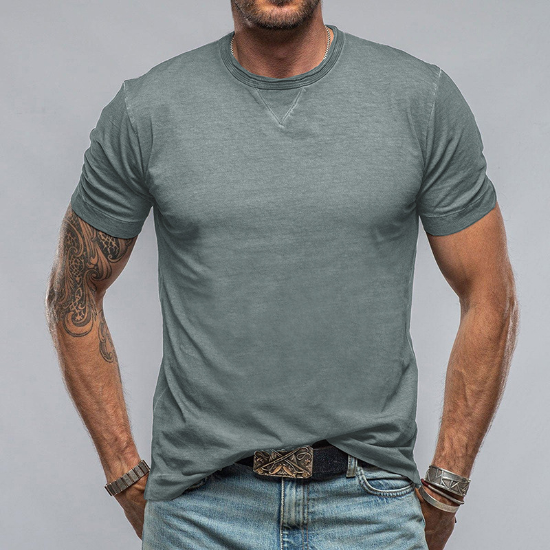Ανδρικό καλοκαιρινό κοντομάνικο T‑shirt με στρογγυλό λαιμό, μονόχρωμο, ευρωπαϊκό/αμερικανικό στυλ
