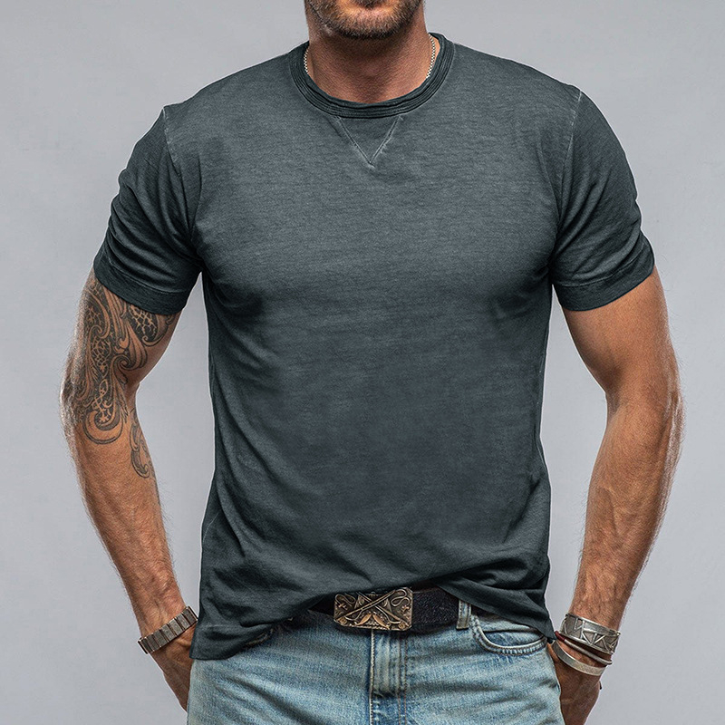 Ανδρικό καλοκαιρινό κοντομάνικο T‑shirt με στρογγυλό λαιμό, μονόχρωμο, ευρωπαϊκό/αμερικανικό στυλ
