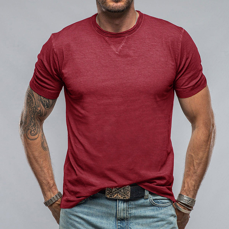 Ανδρικό καλοκαιρινό κοντομάνικο T‑shirt με στρογγυλό λαιμό, μονόχρωμο, ευρωπαϊκό/αμερικανικό στυλ