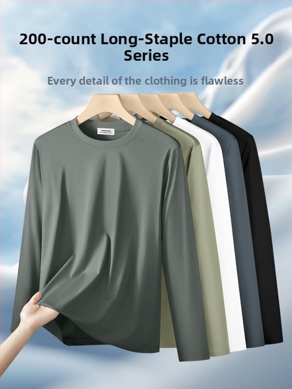Ανδρικό μακρυμάνικο T‑shirt από βαμβάκι με μακριές ίνες, επεξεργασμένο με αμμωνία σε 200-count, φθινοπωρινό–χειμερινό 2025 premium casual top