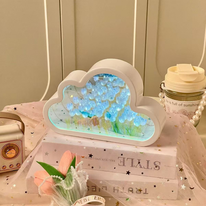 Cloud Tulip noćna svjetiljka – DIY ručna izrada, ogledni cvijetni ocean, ambijentalno osvjetljenje, stolni dekor, kreativan poklon