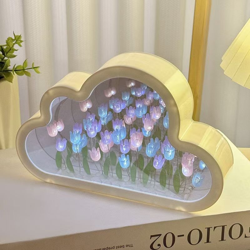 Cloud Tulip noćna svjetiljka – DIY ručna izrada, ogledni cvijetni ocean, ambijentalno osvjetljenje, stolni dekor, kreativan poklon