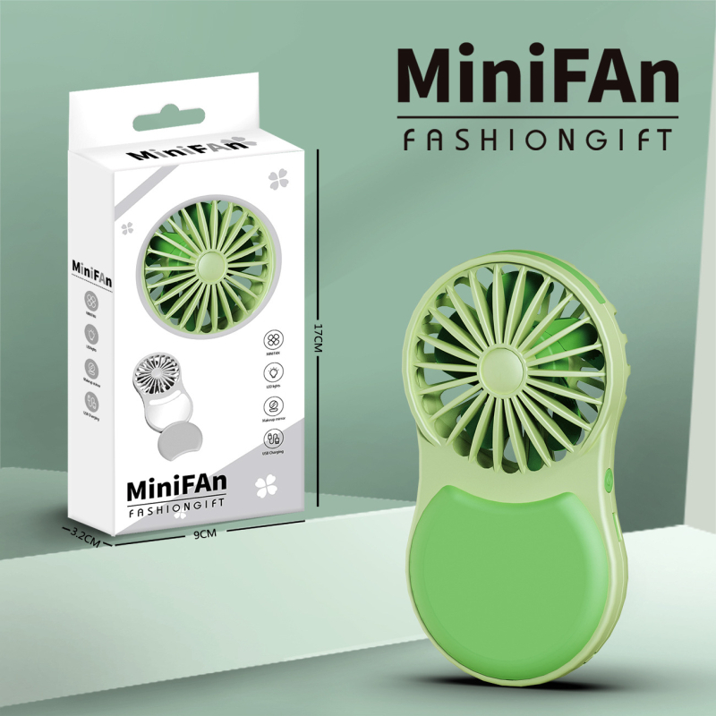 Prenosni sklopivi mini ventilator s USB punjenjem i ogledalom za šminku, 5 lopatica, 4 brzine, ugrađena baterija