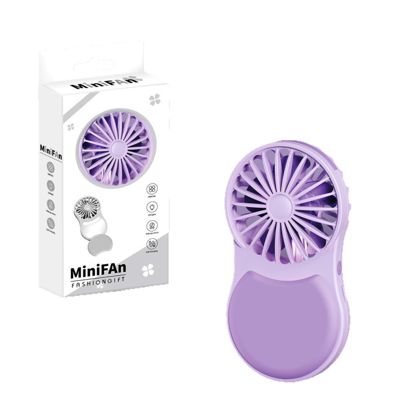 Prenosni sklopivi mini ventilator s USB punjenjem i ogledalom za šminku, 5 lopatica, 4 brzine, ugrađena baterija