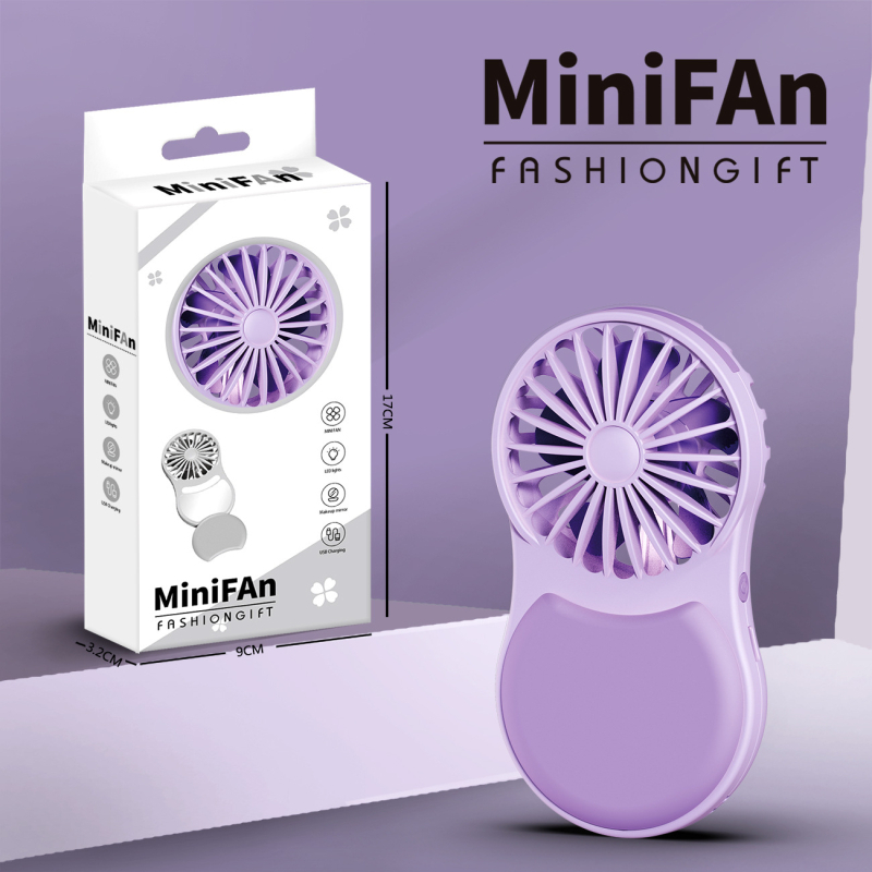 Prenosni sklopivi mini ventilator s USB punjenjem i ogledalom za šminku, 5 lopatica, 4 brzine, ugrađena baterija