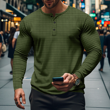 BUTZ ανδρικό μακρυμάνικο αναπνεύσιμο Henley T-shirt με μικρό τετράγωνο μοτίβο, στρογγυλή λαιμόκοψη, χαλαρή γραμμή