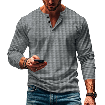 BUTZ ανδρικό μακρυμάνικο αναπνεύσιμο Henley T-shirt με μικρό τετράγωνο μοτίβο, στρογγυλή λαιμόκοψη, χαλαρή γραμμή