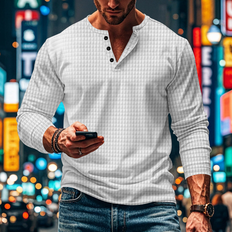 BUTZ ανδρικό μακρυμάνικο αναπνεύσιμο Henley T-shirt με μικρό τετράγωνο μοτίβο, στρογγυλή λαιμόκοψη, χαλαρή γραμμή