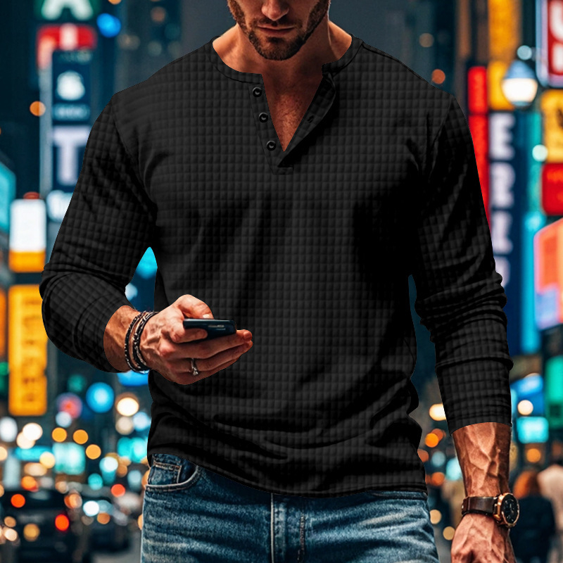 BUTZ ανδρικό μακρυμάνικο αναπνεύσιμο Henley T-shirt με μικρό τετράγωνο μοτίβο, στρογγυλή λαιμόκοψη, χαλαρή γραμμή