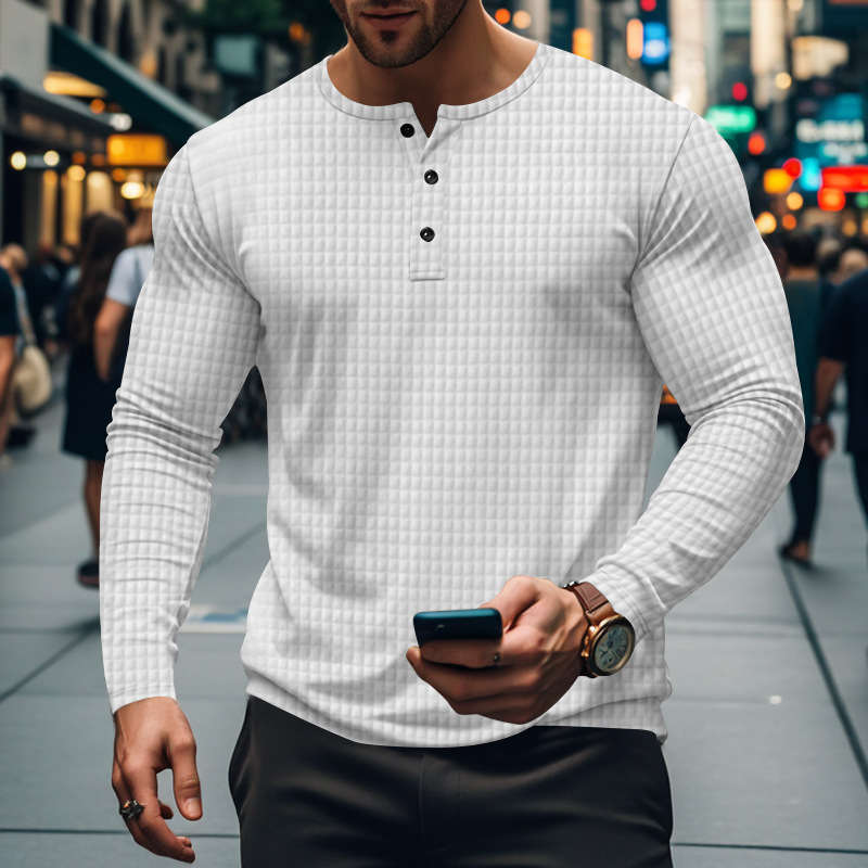 BUTZ ανδρικό μακρυμάνικο αναπνεύσιμο Henley T-shirt με μικρό τετράγωνο μοτίβο, στρογγυλή λαιμόκοψη, χαλαρή γραμμή