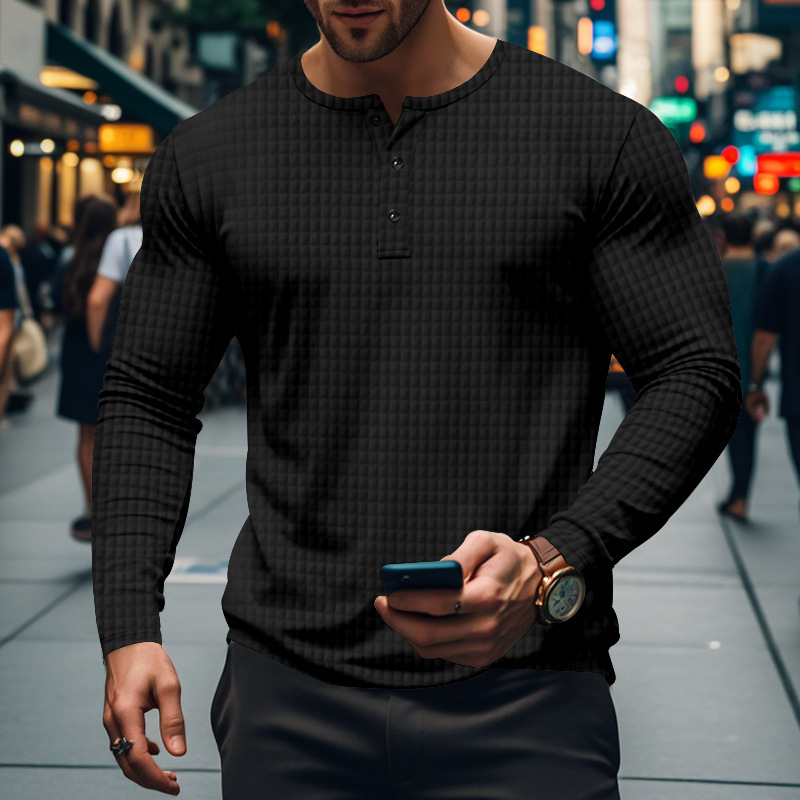 BUTZ ανδρικό μακρυμάνικο αναπνεύσιμο Henley T-shirt με μικρό τετράγωνο μοτίβο, στρογγυλή λαιμόκοψη, χαλαρή γραμμή