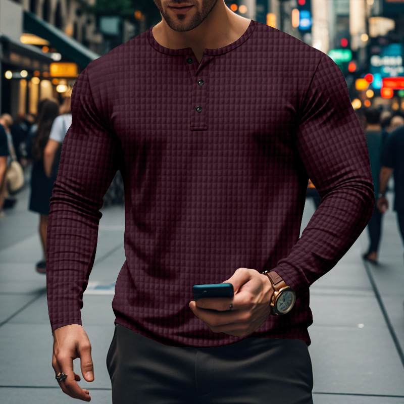 BUTZ ανδρικό μακρυμάνικο αναπνεύσιμο Henley T-shirt με μικρό τετράγωνο μοτίβο, στρογγυλή λαιμόκοψη, χαλαρή γραμμή