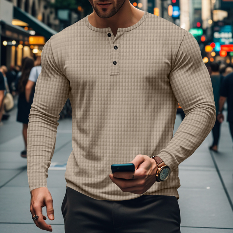 BUTZ ανδρικό μακρυμάνικο αναπνεύσιμο Henley T-shirt με μικρό τετράγωνο μοτίβο, στρογγυλή λαιμόκοψη, χαλαρή γραμμή