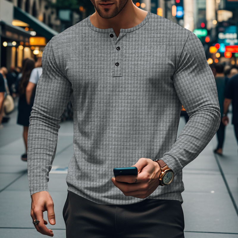 BUTZ ανδρικό μακρυμάνικο αναπνεύσιμο Henley T-shirt με μικρό τετράγωνο μοτίβο, στρογγυλή λαιμόκοψη, χαλαρή γραμμή