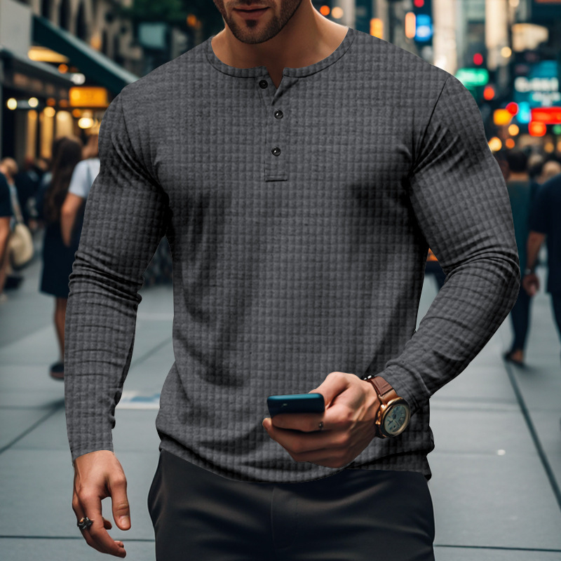 BUTZ ανδρικό μακρυμάνικο αναπνεύσιμο Henley T-shirt με μικρό τετράγωνο μοτίβο, στρογγυλή λαιμόκοψη, χαλαρή γραμμή