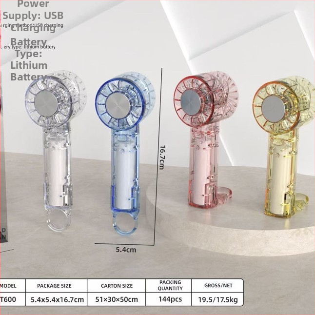 Priehľadný ručný ventilátor s karabínou, prenosný mini vreckový ventilátor na vonkajšie použitie