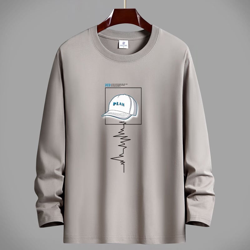 Ανδρικό μακρυμάνικο T‑shirt από βαμβάκι, για άνοιξη-φθινόπωρο, στρογγυλός λαιμός, άνετη γραμμή, μεγάλο μέγεθος