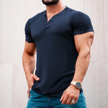 Ανδρικό Henley T-shirt με κοντά μανίκια, μονόχρωμο, καλοκαιρινό, στρογγυλός λαιμός, κουμπωτό