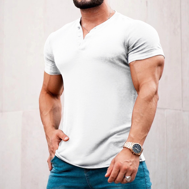 Ανδρικό Henley T-shirt με κοντά μανίκια, μονόχρωμο, καλοκαιρινό, στρογγυλός λαιμός, κουμπωτό