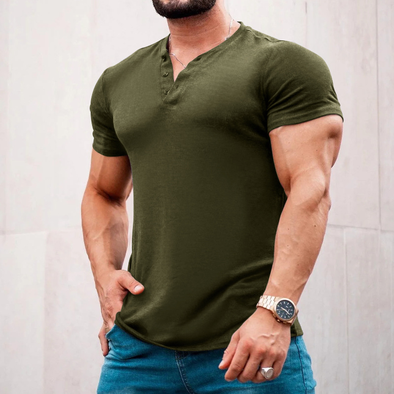 Ανδρικό Henley T-shirt με κοντά μανίκια, μονόχρωμο, καλοκαιρινό, στρογγυλός λαιμός, κουμπωτό