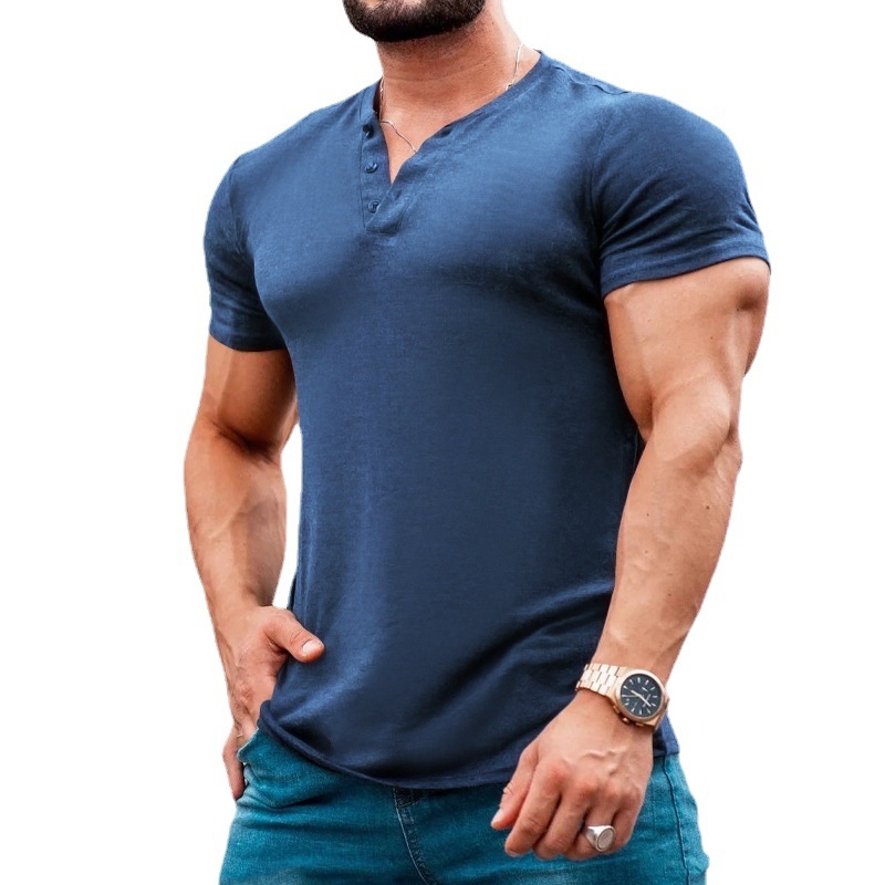 Ανδρικό Henley T-shirt με κοντά μανίκια, μονόχρωμο, καλοκαιρινό, στρογγυλός λαιμός, κουμπωτό