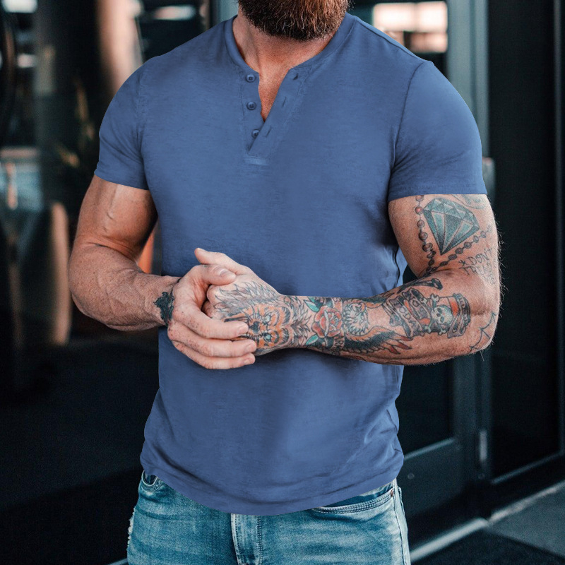 Ανδρικό Henley T-shirt με κοντά μανίκια, μονόχρωμο, καλοκαιρινό, στρογγυλός λαιμός, κουμπωτό