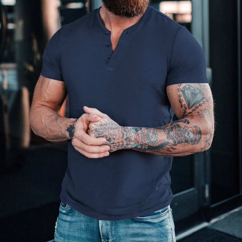 Ανδρικό Henley T-shirt με κοντά μανίκια, μονόχρωμο, καλοκαιρινό, στρογγυλός λαιμός, κουμπωτό