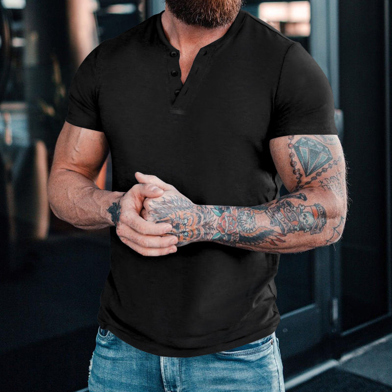 Ανδρικό Henley T-shirt με κοντά μανίκια, μονόχρωμο, καλοκαιρινό, στρογγυλός λαιμός, κουμπωτό