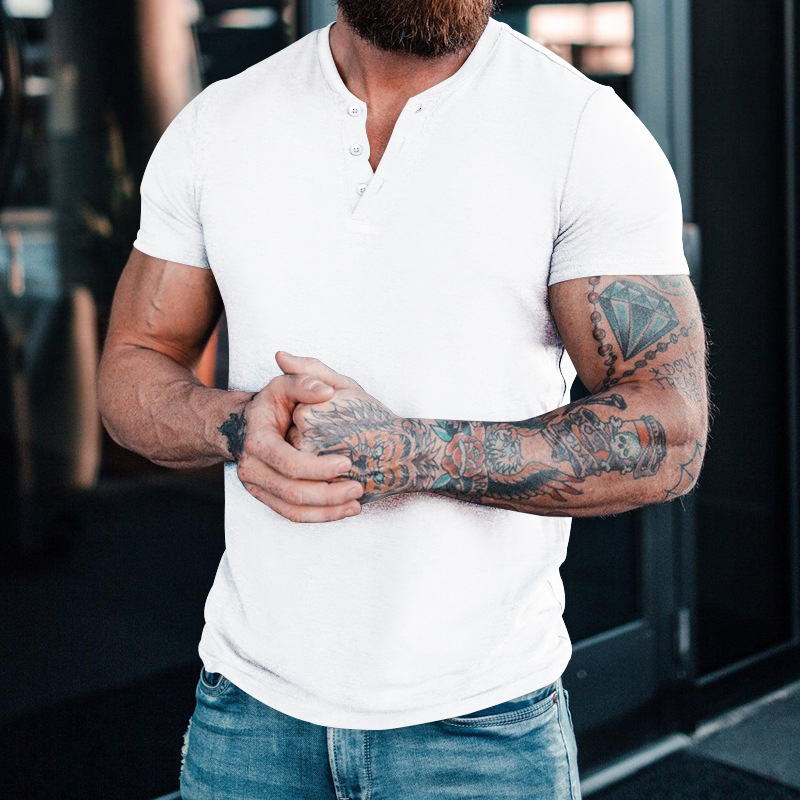 Ανδρικό Henley T-shirt με κοντά μανίκια, μονόχρωμο, καλοκαιρινό, στρογγυλός λαιμός, κουμπωτό