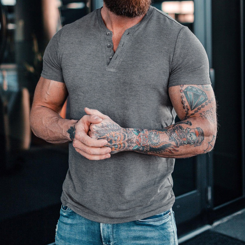 Ανδρικό Henley T-shirt με κοντά μανίκια, μονόχρωμο, καλοκαιρινό, στρογγυλός λαιμός, κουμπωτό