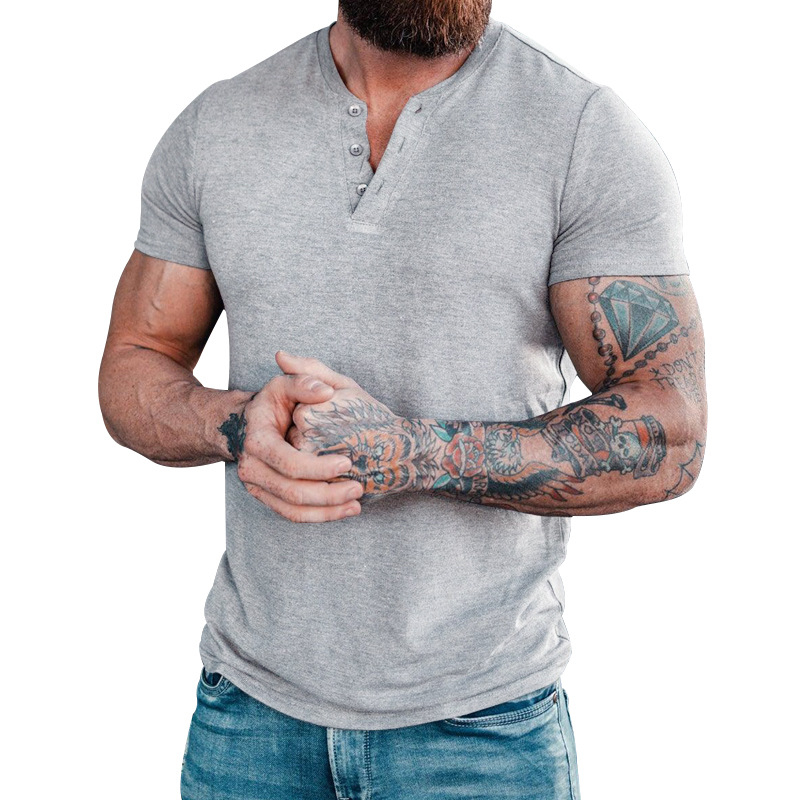 Ανδρικό Henley T-shirt με κοντά μανίκια, μονόχρωμο, καλοκαιρινό, στρογγυλός λαιμός, κουμπωτό