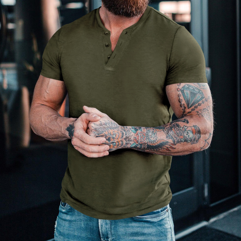 Ανδρικό Henley T-shirt με κοντά μανίκια, μονόχρωμο, καλοκαιρινό, στρογγυλός λαιμός, κουμπωτό