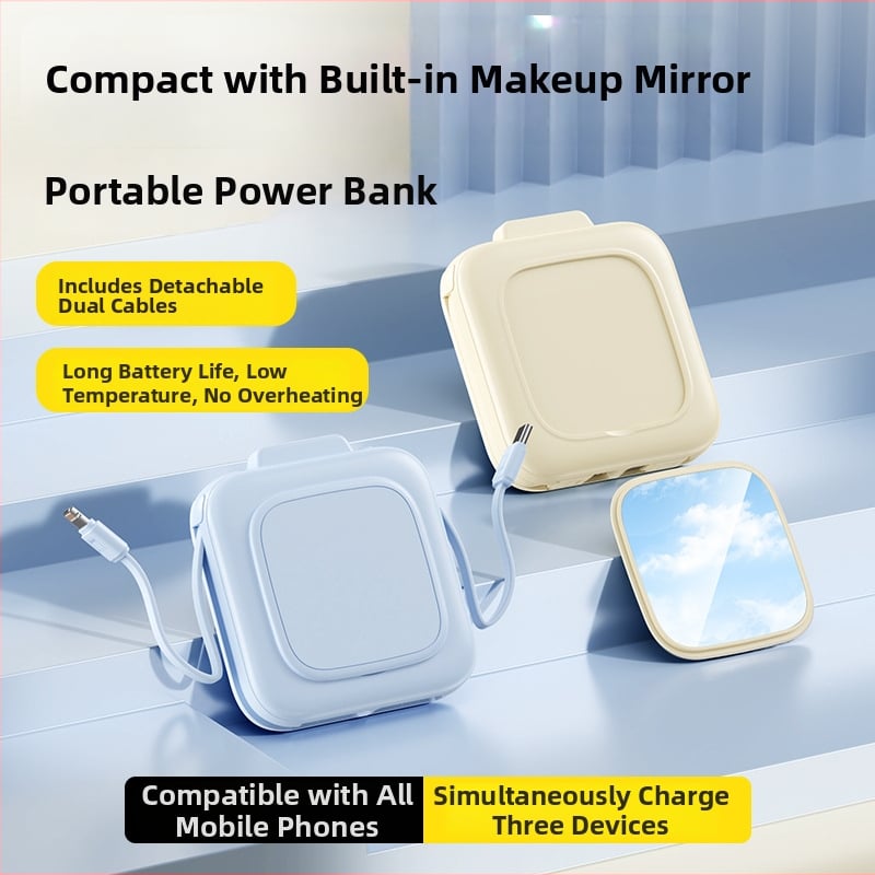 Козметично огледало с Power Bank 10000mAh, компактно преносимо устройство, включен кабел и дисплей за нивото на заряда