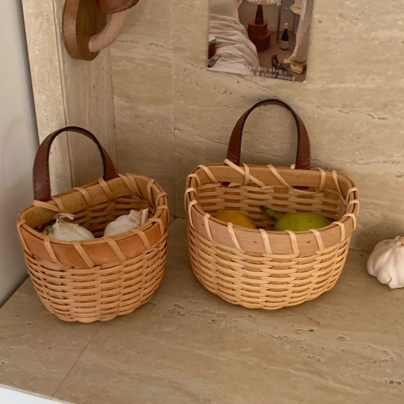 Rattan zidni koš za kuhinju, mali pleteni koš za skladištenje đumbira i češnjaka, organizacija dnevnog boravka