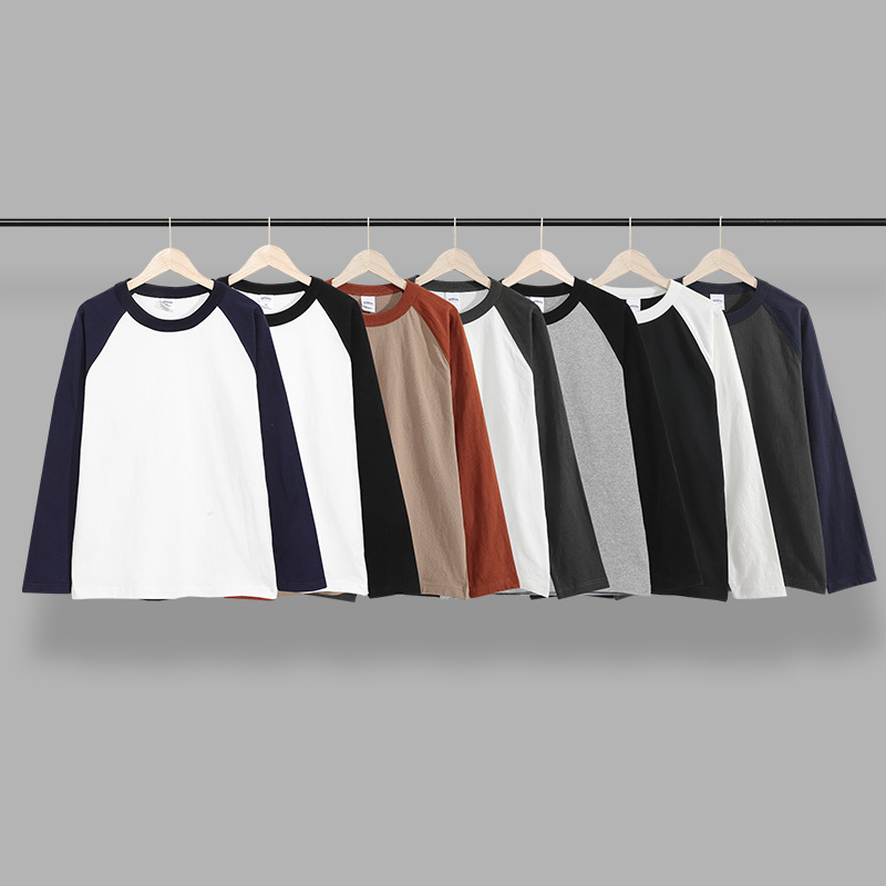 Japanski retro stil, dugih rukava T‑majica s raglan rukavima, od česanog pamuka s kontrastnom bojom, udobnog kroja, unisex