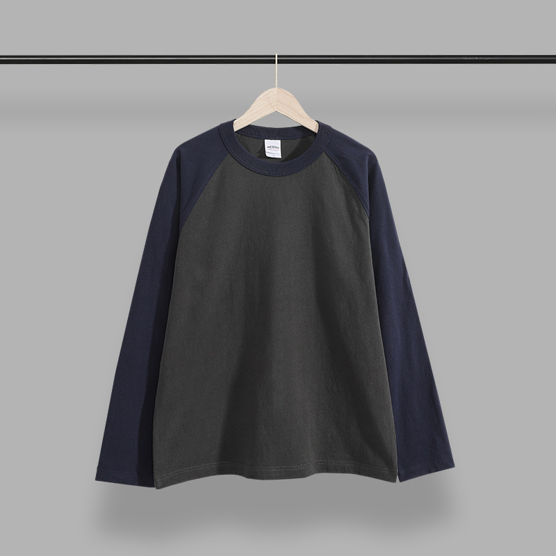Japanski retro stil, dugih rukava T‑majica s raglan rukavima, od česanog pamuka s kontrastnom bojom, udobnog kroja, unisex