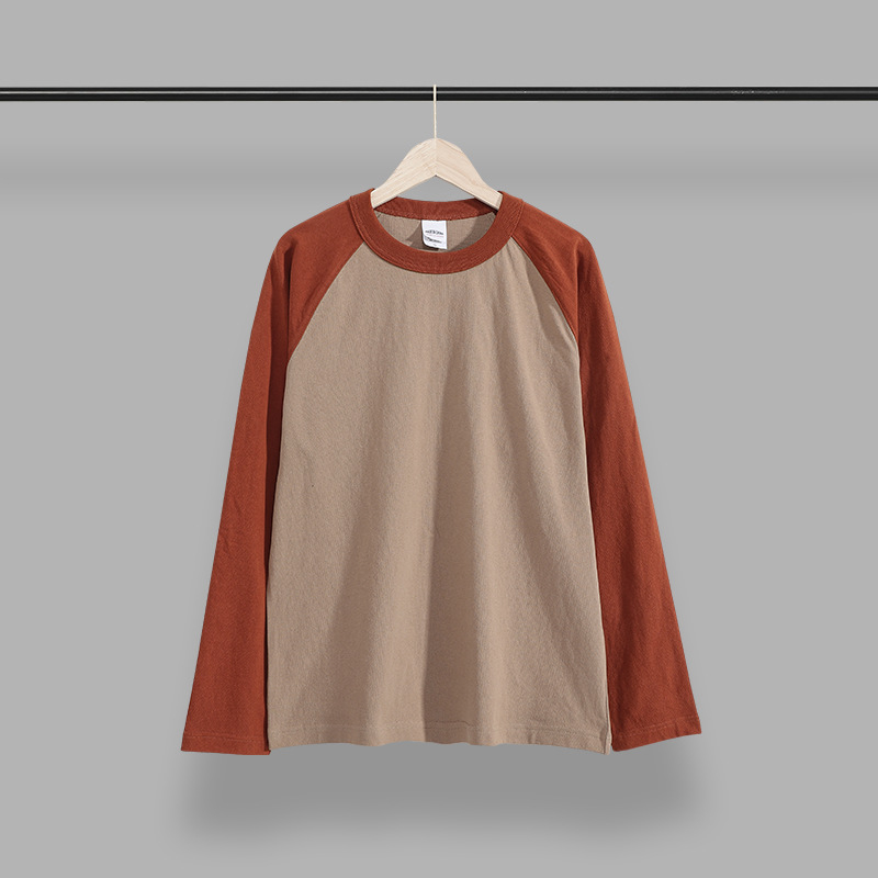 Japanski retro stil, dugih rukava T‑majica s raglan rukavima, od česanog pamuka s kontrastnom bojom, udobnog kroja, unisex