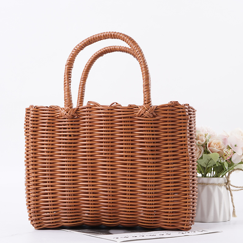Ručna torba s prirodnim drvenim izgledom od trave i ratana, piknik torba za žene