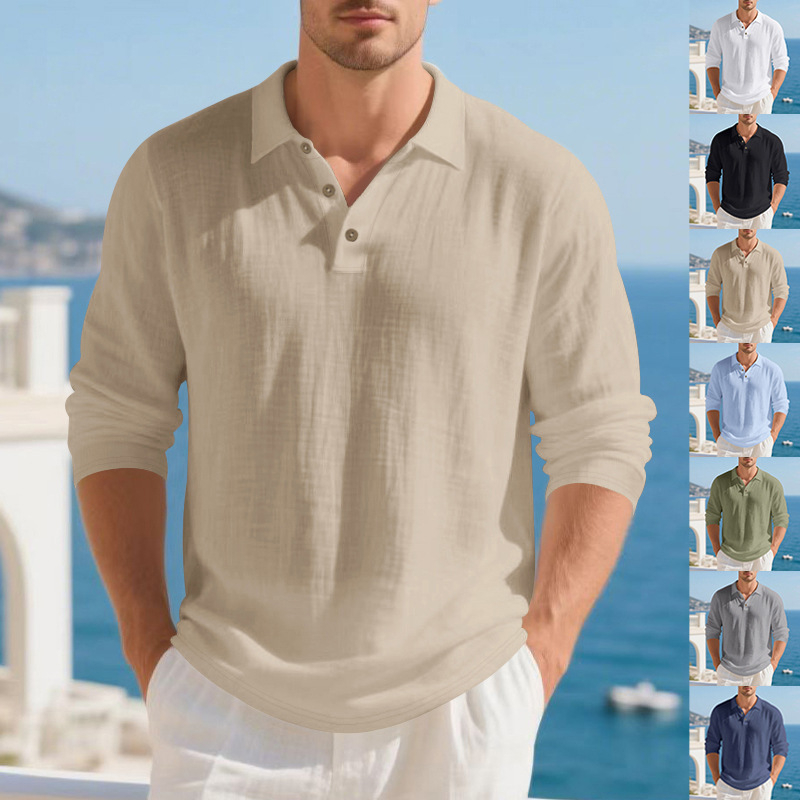Ανδρικό polo πουκάμισο με γιακά, μακριά μανίκια, φαρδιά γραμμή, μονόχρωμο, αμερικανικού στυλ