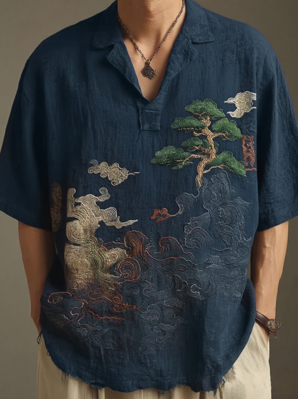 Muško polo s etničkim printom, ljeto 2025, lagani poliester, slobodan kroj, kratke rukave, japanski retro stil