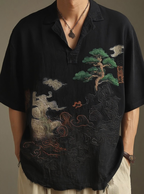 Muško polo s etničkim printom, ljeto 2025, lagani poliester, slobodan kroj, kratke rukave, japanski retro stil