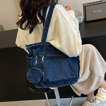 Ženska denim torba u japanskom stilu, jednobojna, 2026 novi model, svakodnevna tote torba s dugim remenom i velikim kapacitetom