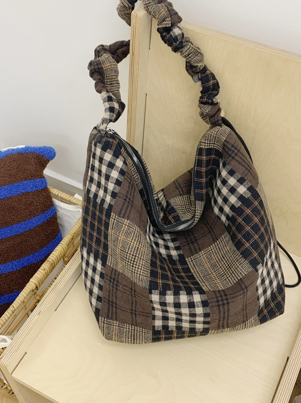 Ženska retro tote torba s kariranim uzorkom, velika zapremina, za nošenje na rame ili crossbody