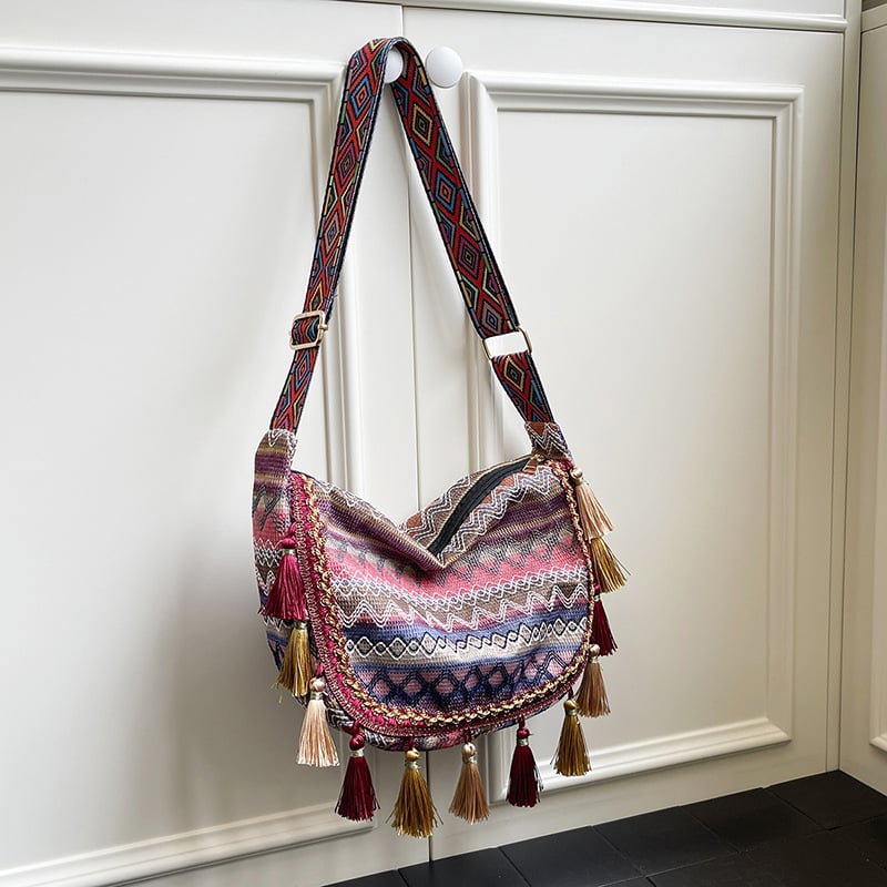 Ženska tote torba velike kapacitete s resicama, etnički žakard, za rame ili crossbody