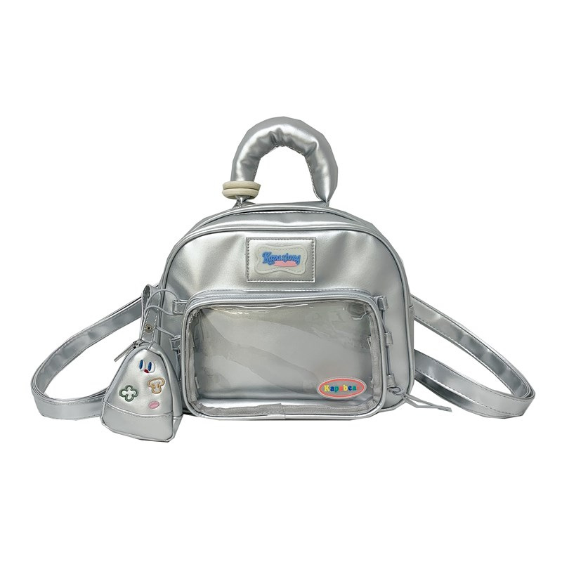 Japanski nadahnjena vintage srebrna PU torba za djevojke — preko ramena, crossbody i ruksak, patchwork dizajn