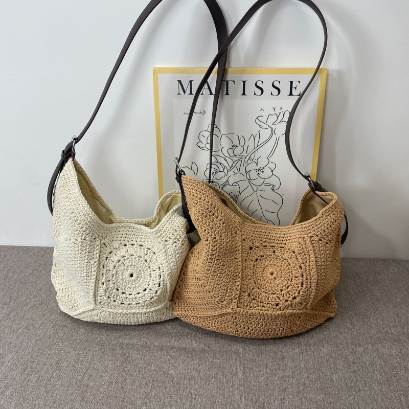 Elegantna torba preko ramena s velikim kapacitetom pletena od pamuka stil košare od slame plažna torba za odmor svestrana crossbody torba jednobojne boje