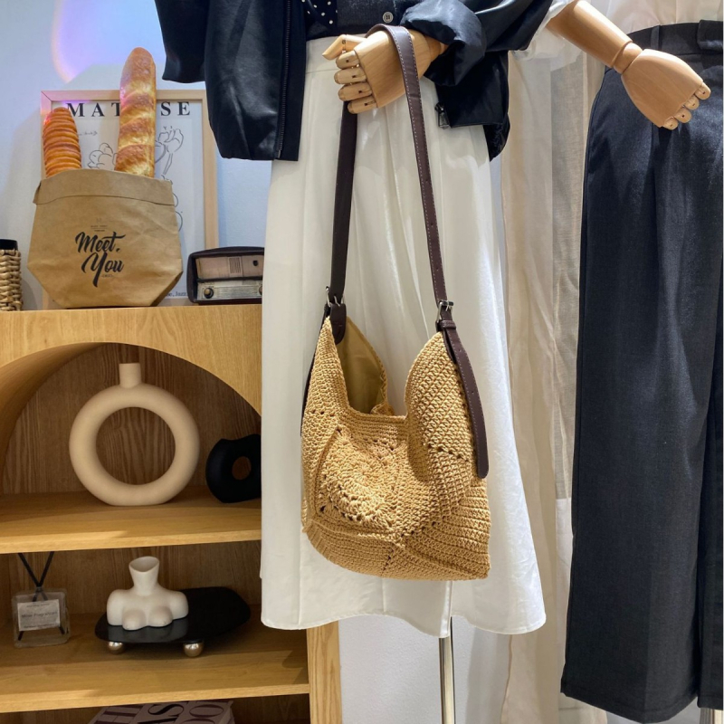 Elegantna torba preko ramena s velikim kapacitetom pletena od pamuka stil košare od slame plažna torba za odmor svestrana crossbody torba jednobojne boje