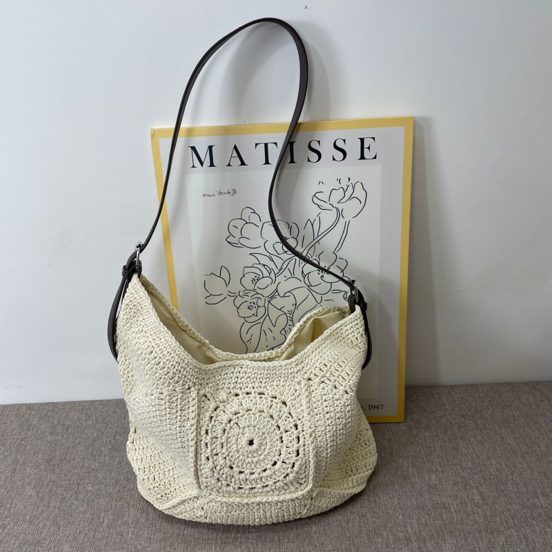 Elegantna torba preko ramena s velikim kapacitetom pletena od pamuka stil košare od slame plažna torba za odmor svestrana crossbody torba jednobojne boje